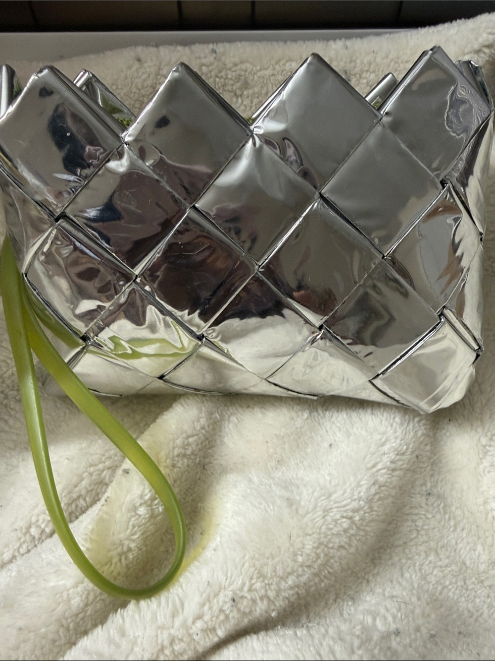 Metallic Silver Woven Mini Wristlet Clutch with Lime Strap